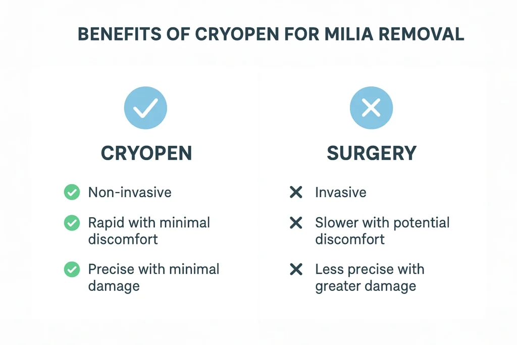Benefits of cryopen for milia removal Woking compared to surgical treatments.