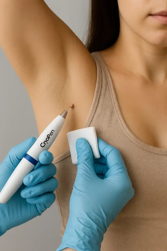 woman having cryopen to remove underarm skin tags Woking