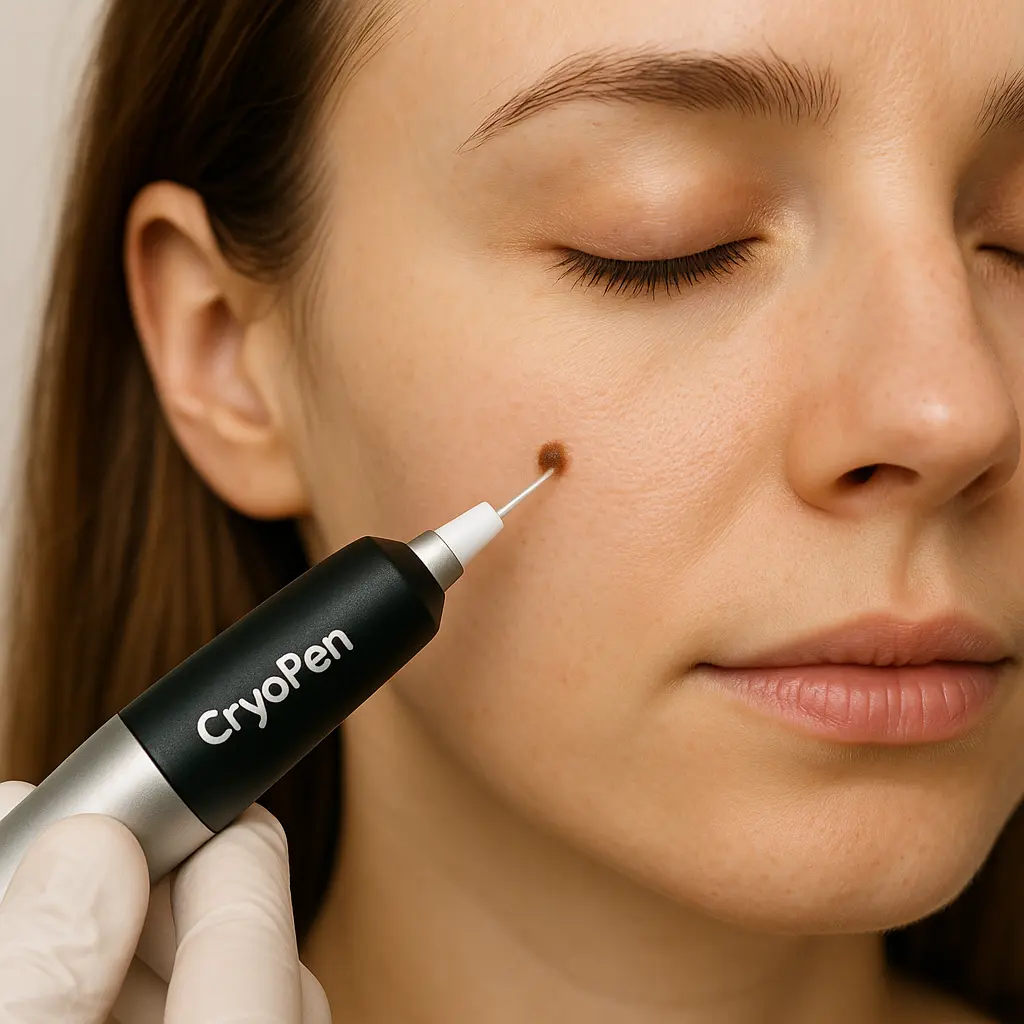 woman receiving facial mole removal Woking using cryopen